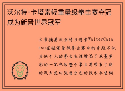 沃尔特·卡塔索轻重量级拳击赛夺冠 成为新晋世界冠军